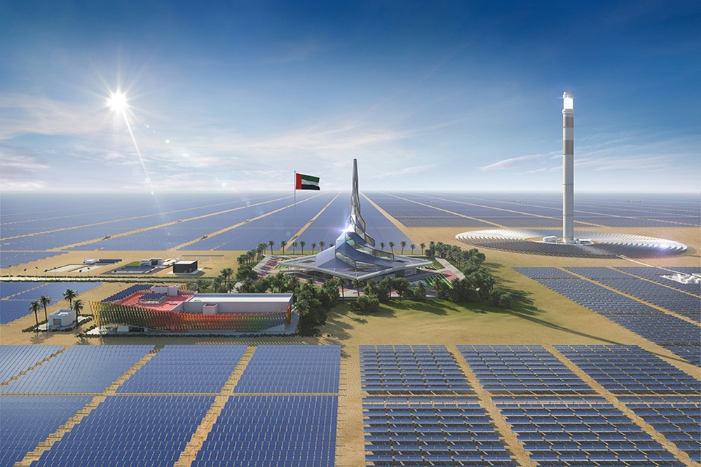 Mohammed bin Rashid Al Maktoum Solar Park with photovoltaic fields, the Sustainability and Innovation Centre and the CSP tower in Dubai